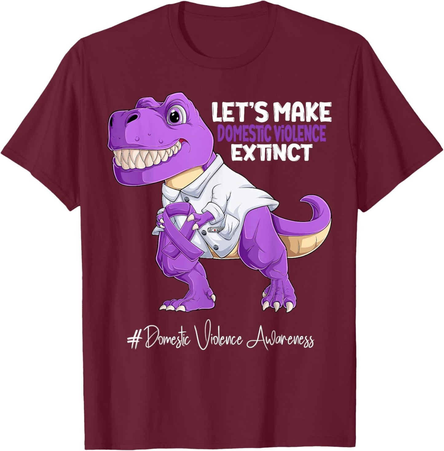 Purple Ribbon Trex Domestic Violence Awareness T-Shirt - T-Shirt | Maroon