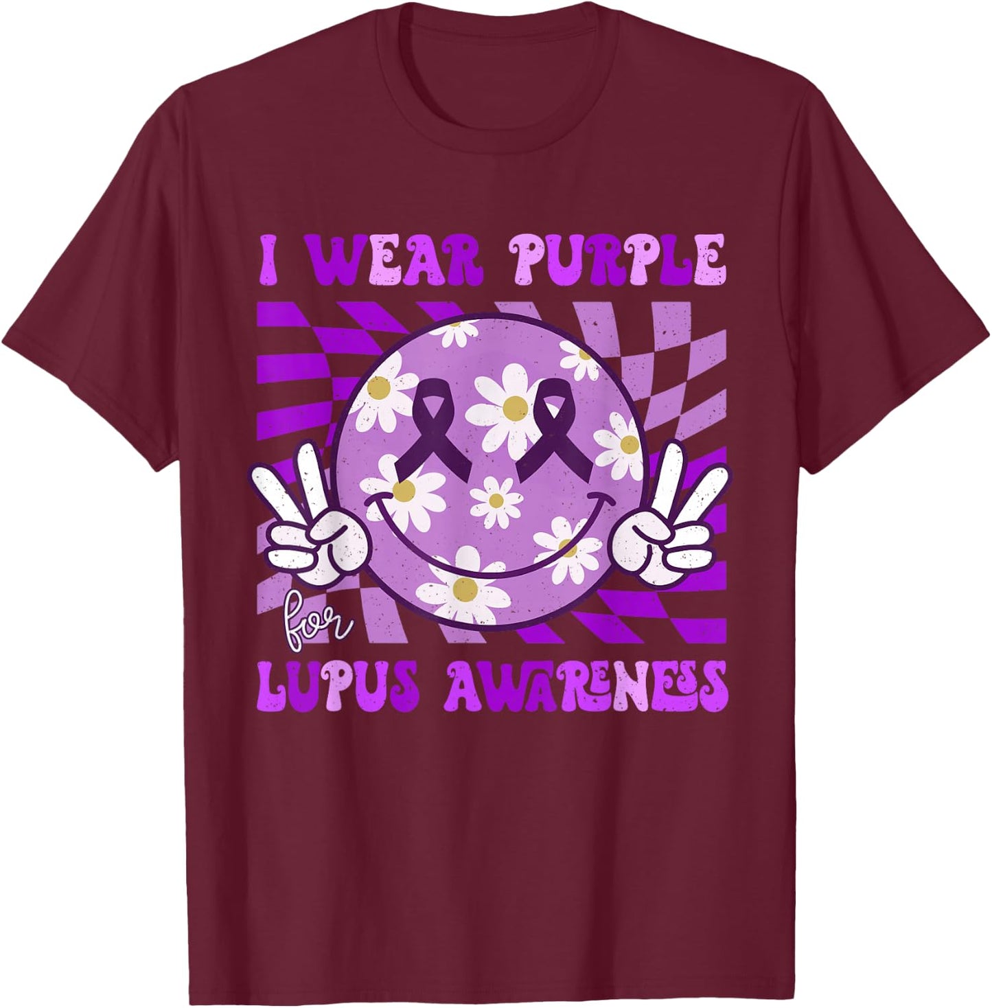 Retro Lupus Awareness Smile Hippie Checkered Purple Ribbon T-Shirt - T-Shirt | Maroon