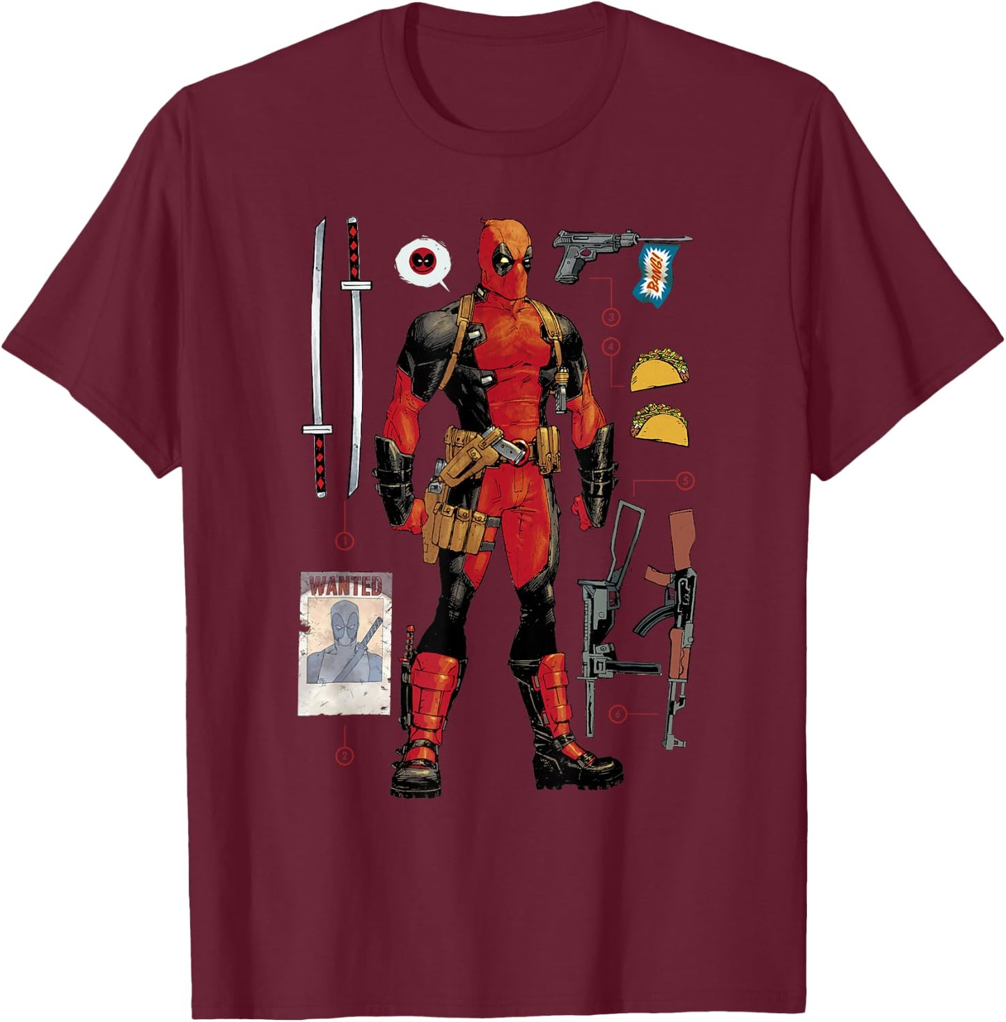 Marvel Deadpool Weapons & Accessories Collection Comic Icon T-Shirt - T-Shirt | Maroon