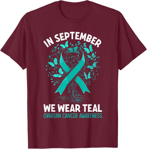 In September We Wear Teal Ovarian Cancer Awareness Hearts T-Shirt - T-Shirt | Maroon