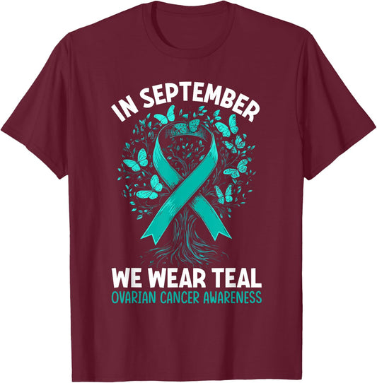 In September We Wear Teal Ovarian Cancer Awareness Hearts T-Shirt - T-Shirt | Maroon