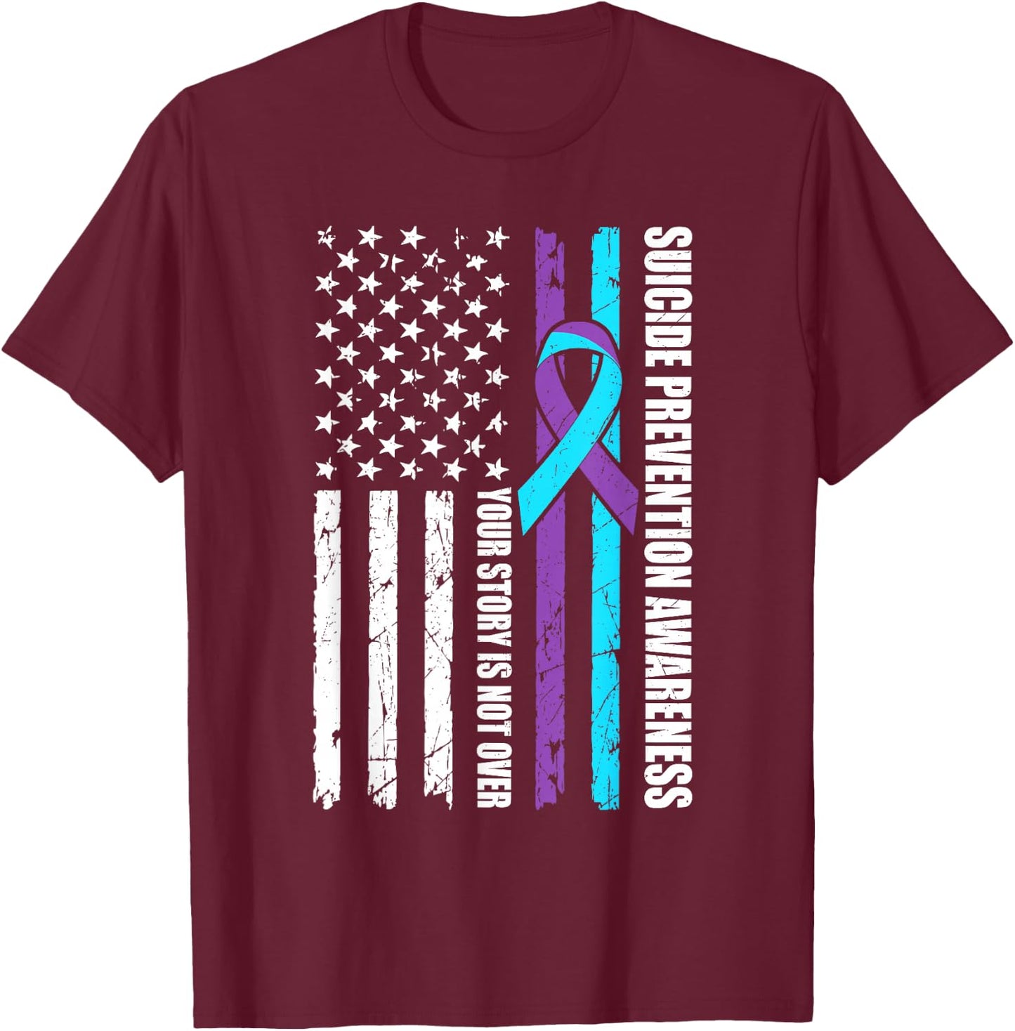 Suicide Prevention Awareness Month Flag Teal & Purple Ribbon T-Shirt - T-Shirt | Maroon