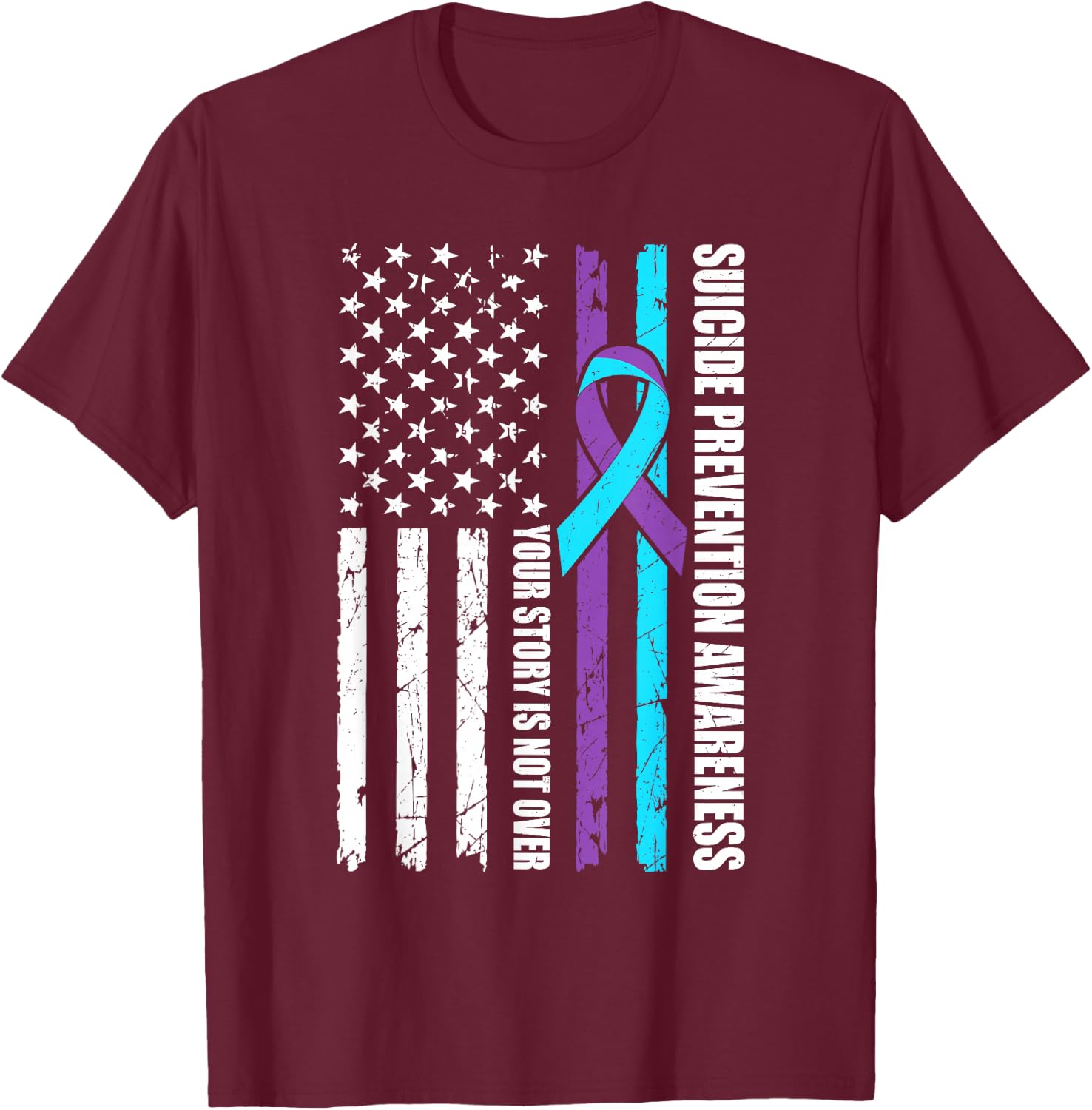 Suicide Prevention Awareness Month Flag Teal & Purple Ribbon T-Shirt - T-Shirt | Maroon