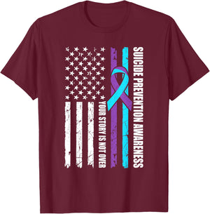 Suicide Prevention Awareness Month Flag Teal & Purple Ribbon T-Shirt - T-Shirt | Maroon