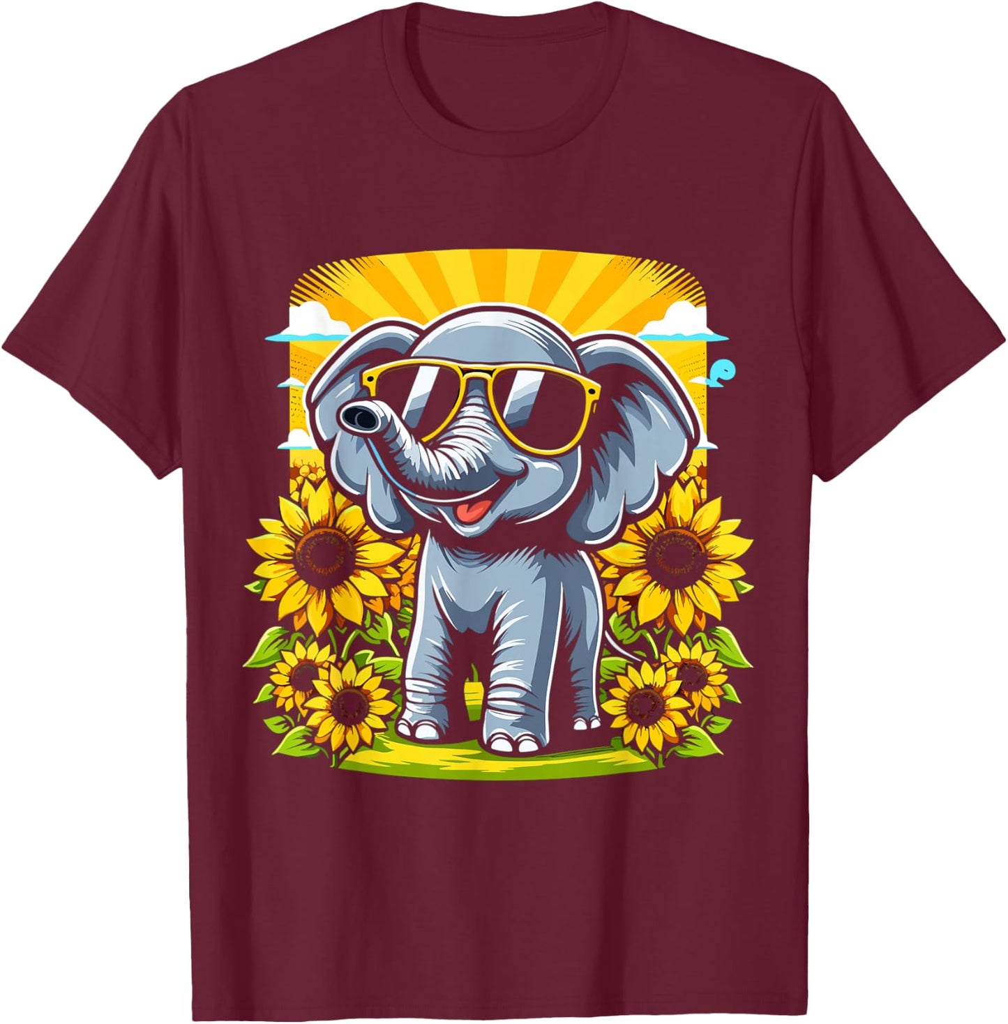 Elephant with Sunglasses and Sunflowers Funny Elephant Lover T-Shirt - T-Shirt | Maroon