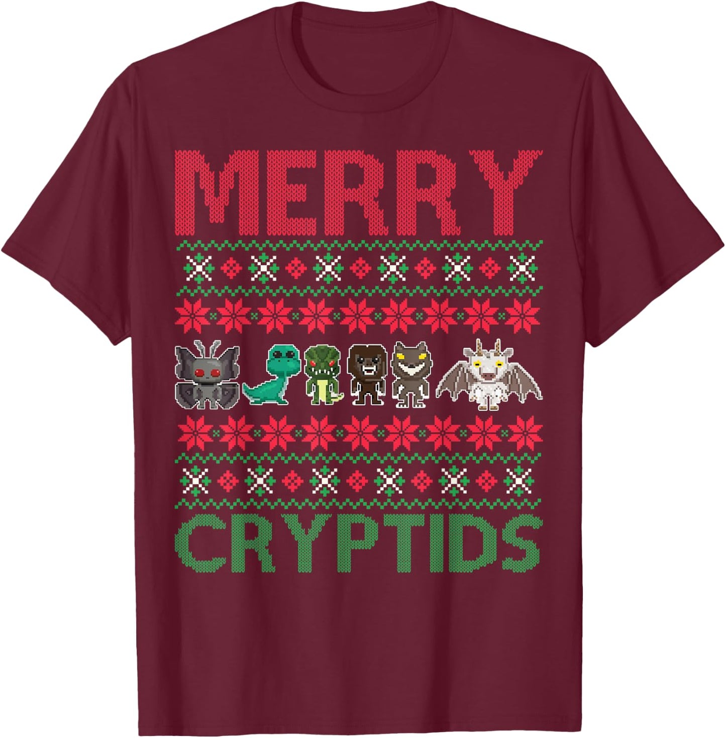 Merry Cryptids Ugly Christmas Bigfoot Apparel T-Shirt - T-Shirt | Maroon