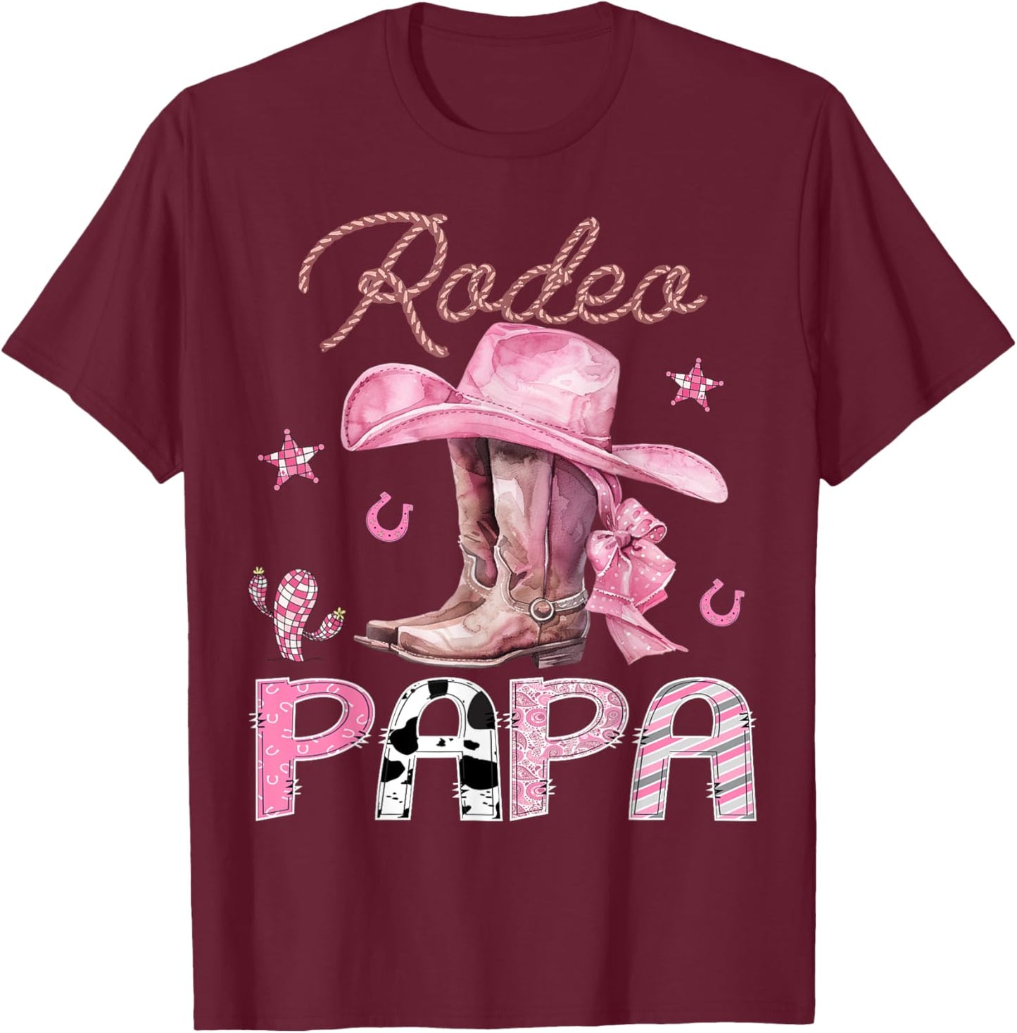 Rodeo Papa Pink Boots Coquette CowGirl Birthday Party T-Shirt - T-Shirt | Maroon