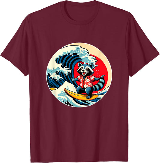 Great Wave Kanagawa Racoon Surfing T-Shirt - T-Shirt | Maroon
