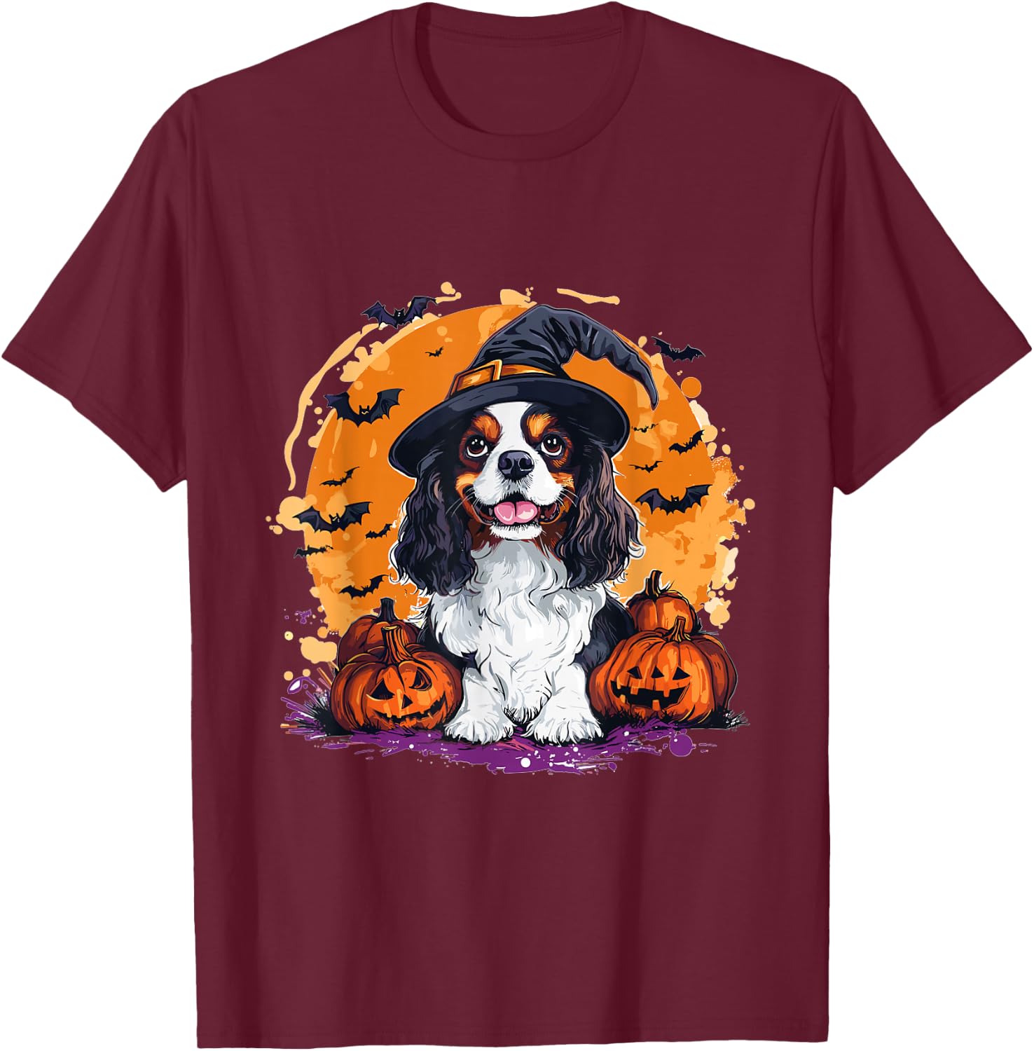 Cavalier King Charles Spaniel Dog Whitch Hat Halloween T-Shirt - T-Shirt | Maroon