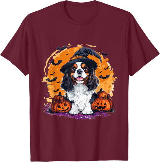 Cavalier King Charles Spaniel Dog Whitch Hat Halloween T-Shirt - T-Shirt | Maroon