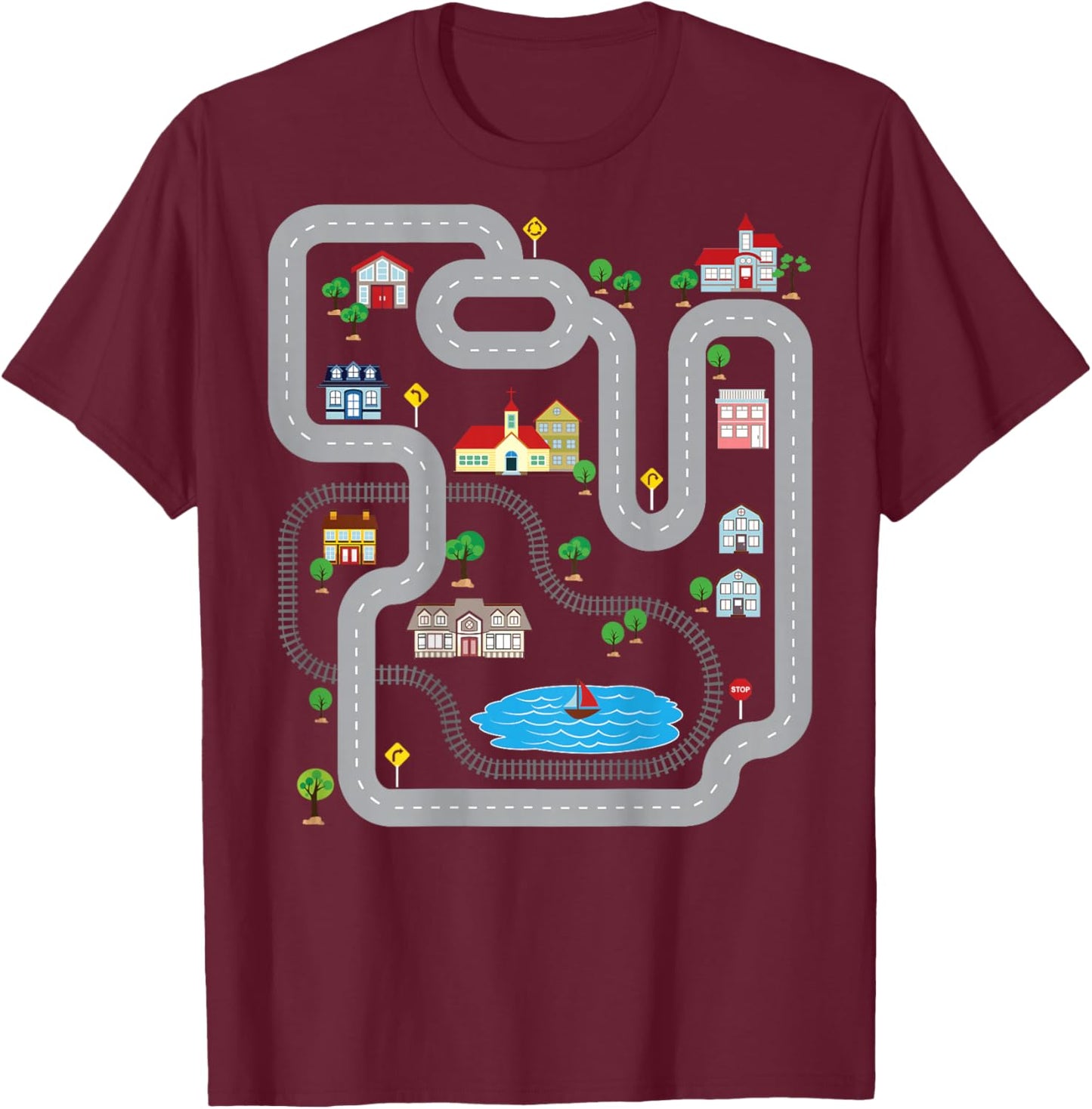 Playmat Train Car Race Track Printed On Back Road T-Shirt - T-Shirt | Maroon