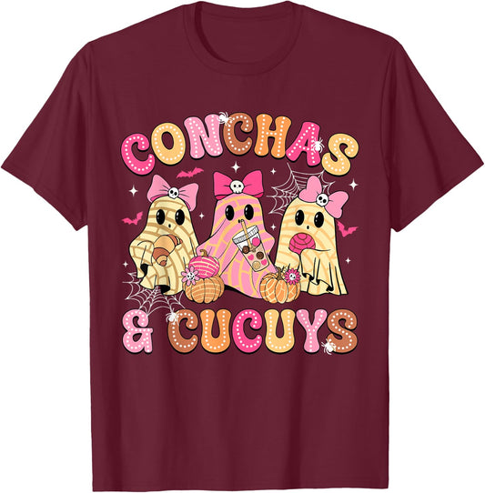 Cute Conchas And Cucuys Ghost Funny Mexican Halloween Ghost T-Shirt - T-Shirt | Maroon