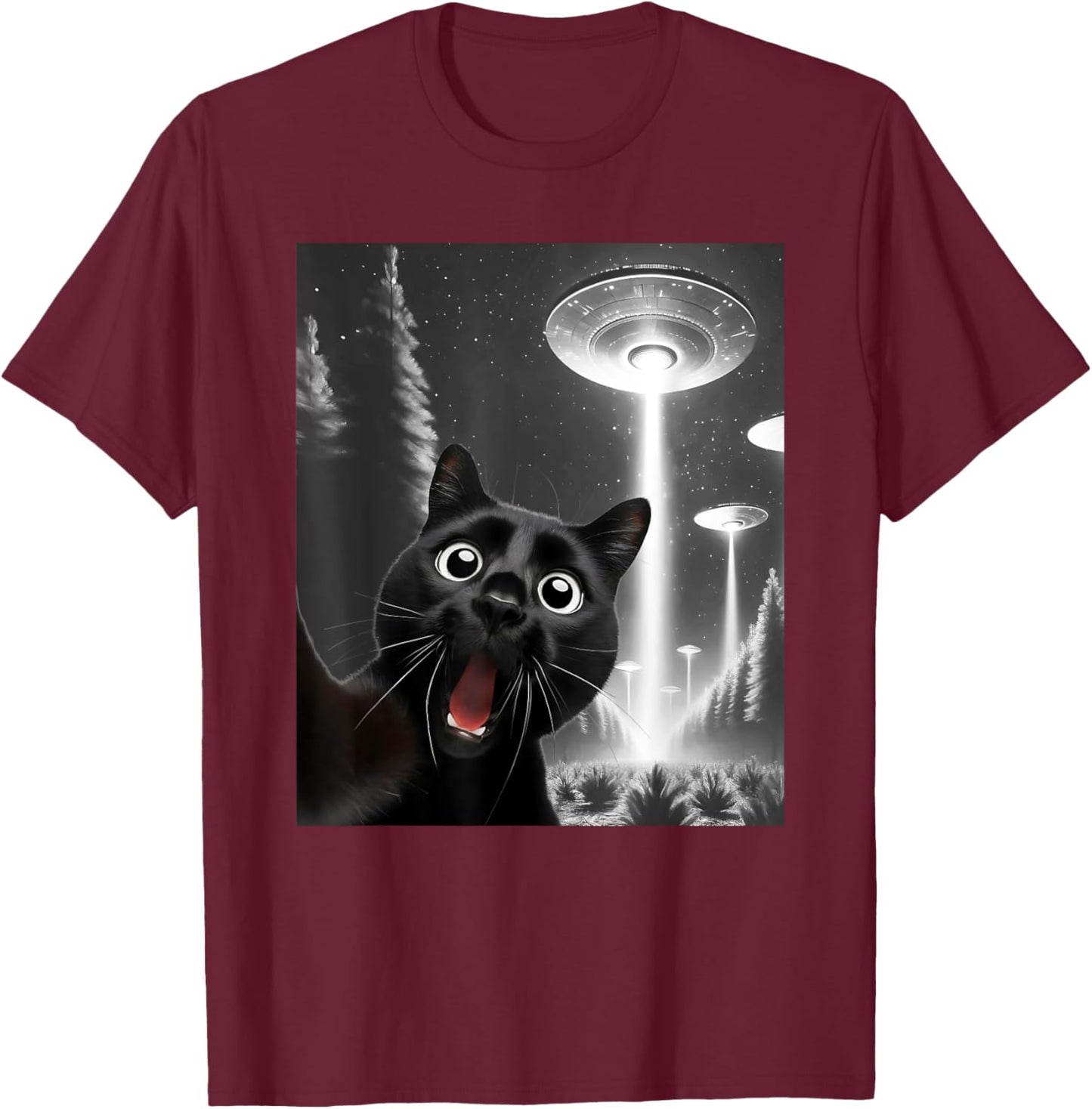 Funny Black Cat Alien UFO Taking a Selfie Cat Mom Dad T-Shirt - T-Shirt | Maroon