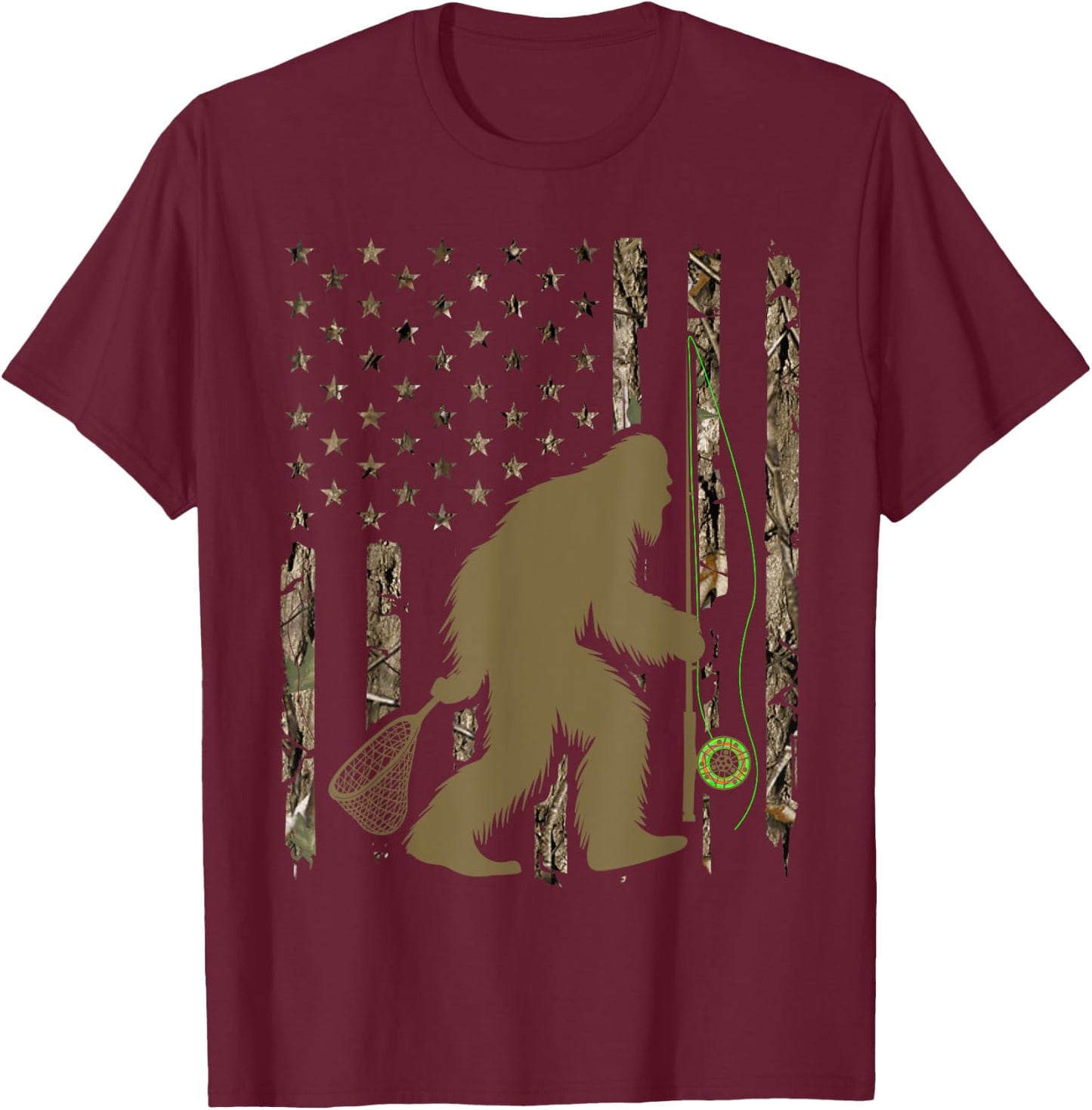 Bigfoot Fly Fishing Sasquatch American Flag Tree Camouflage Men T-Shirt - T-Shirt | Maroon
