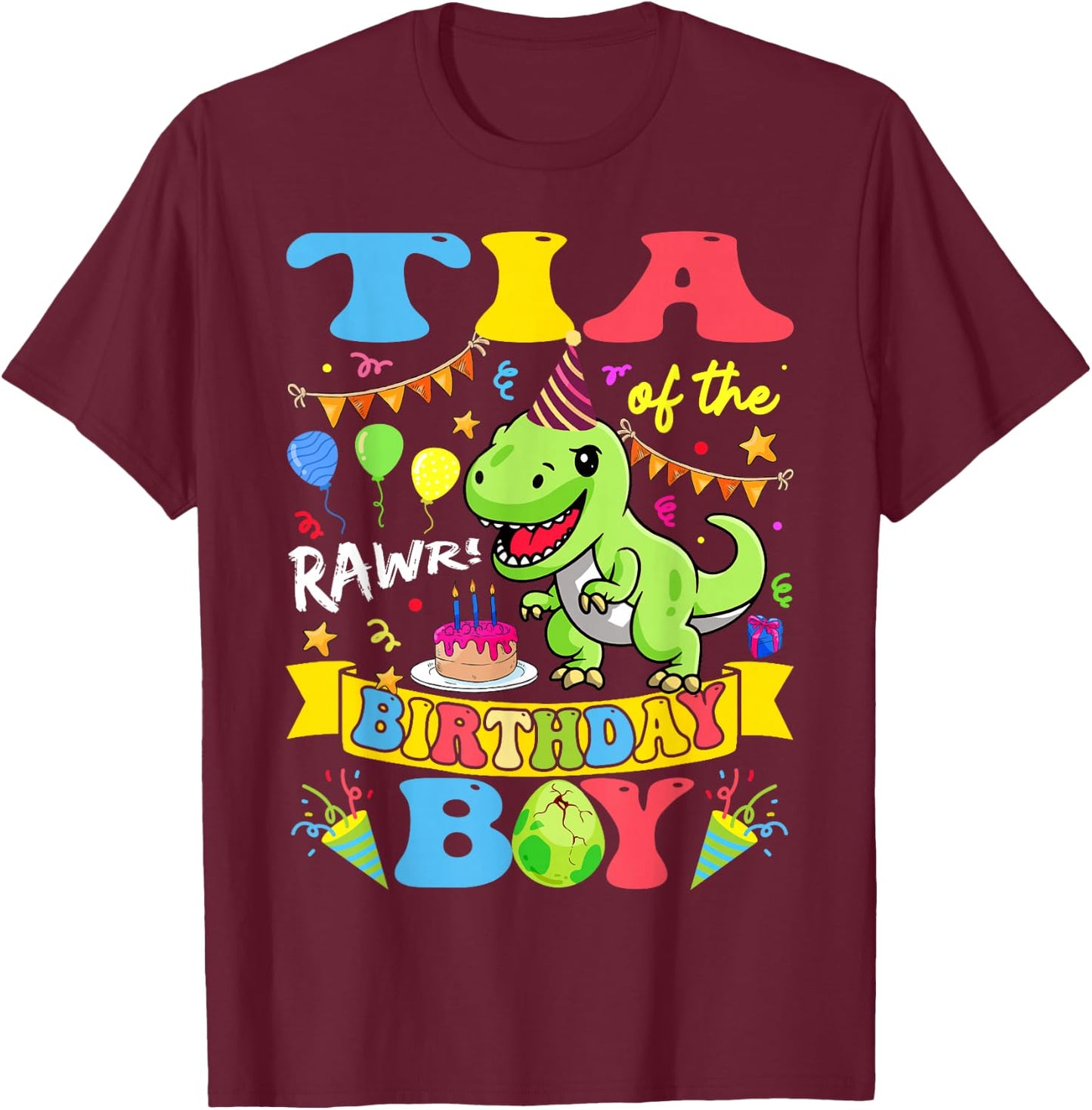 Tia Of The Birthday Boy T-Rex Dinosaur Birthday Groovy T-Shirt - T-Shirt | Maroon