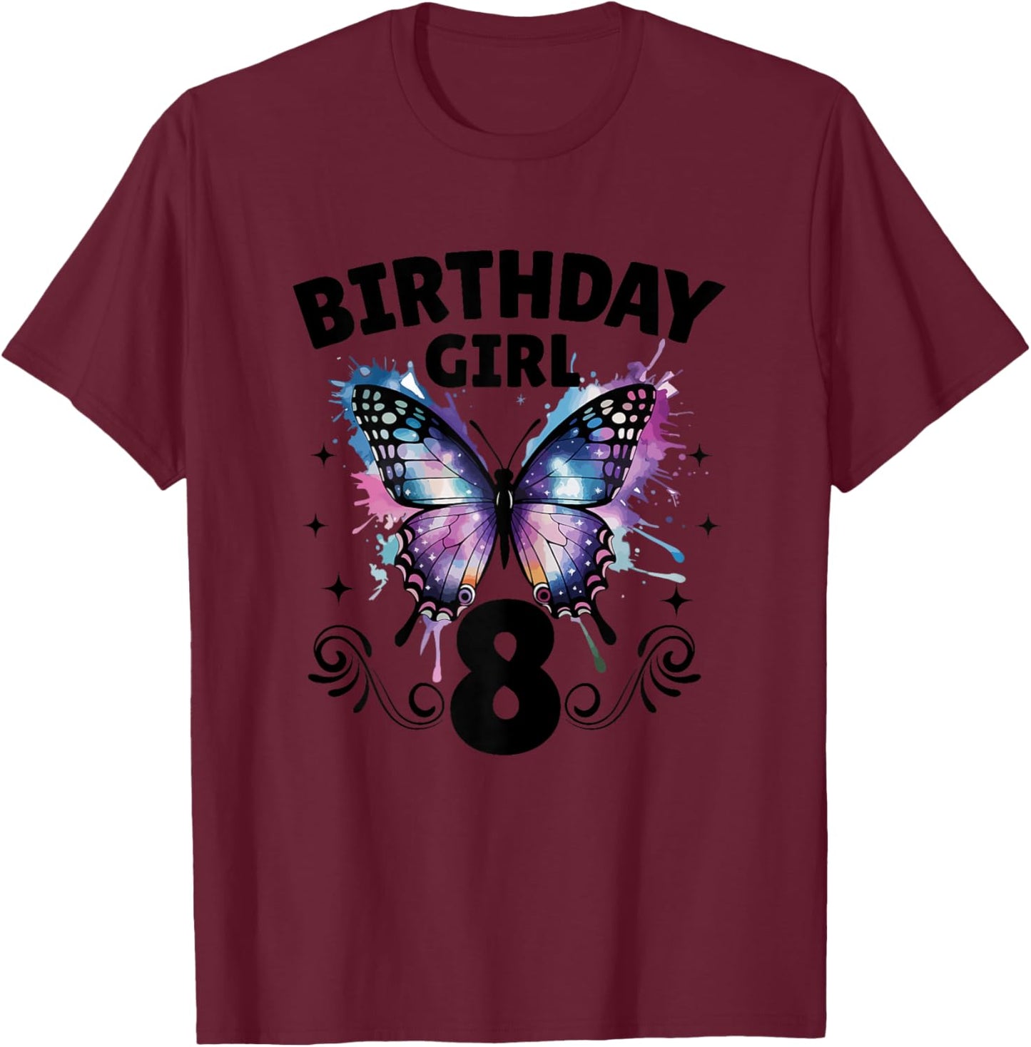 Birthday Girl Eight Years Old Butterfly 8th Birthday Party T-Shirt - T-Shirt | Maroon