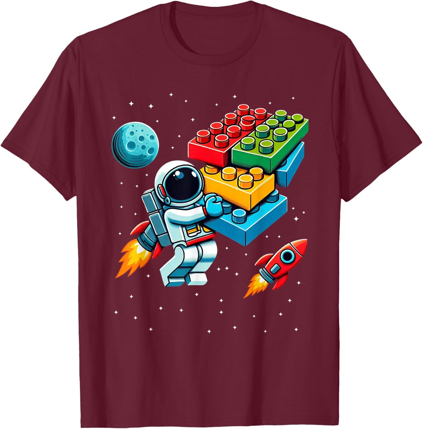 Master Builder Space Astronaut Building Blocks Bricks Boys T-Shirt - T-Shirt | Maroon