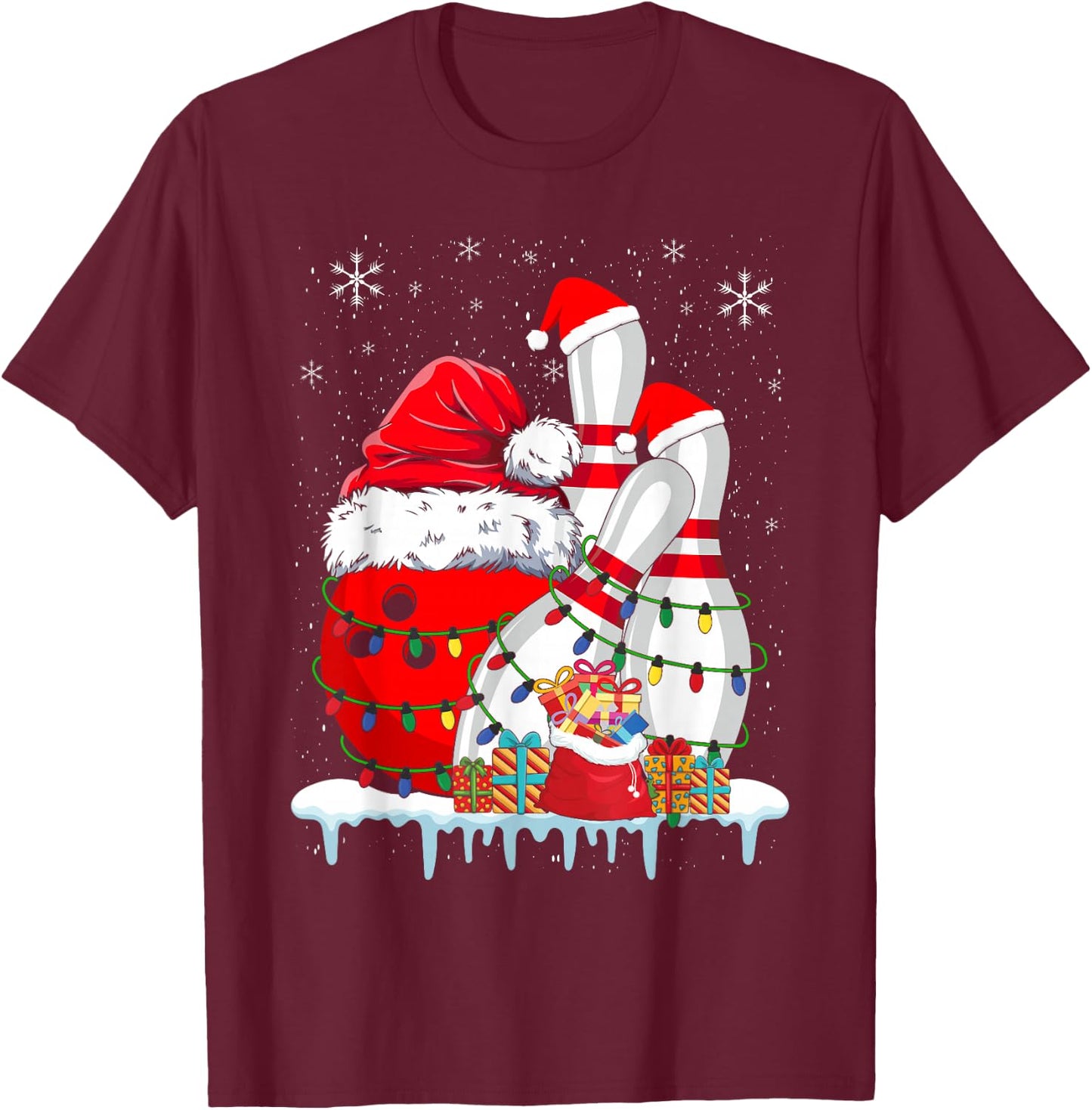 Bowling Christmas Bowling Santa Hat Christmas Lights T-Shirt - T-Shirt | Maroon
