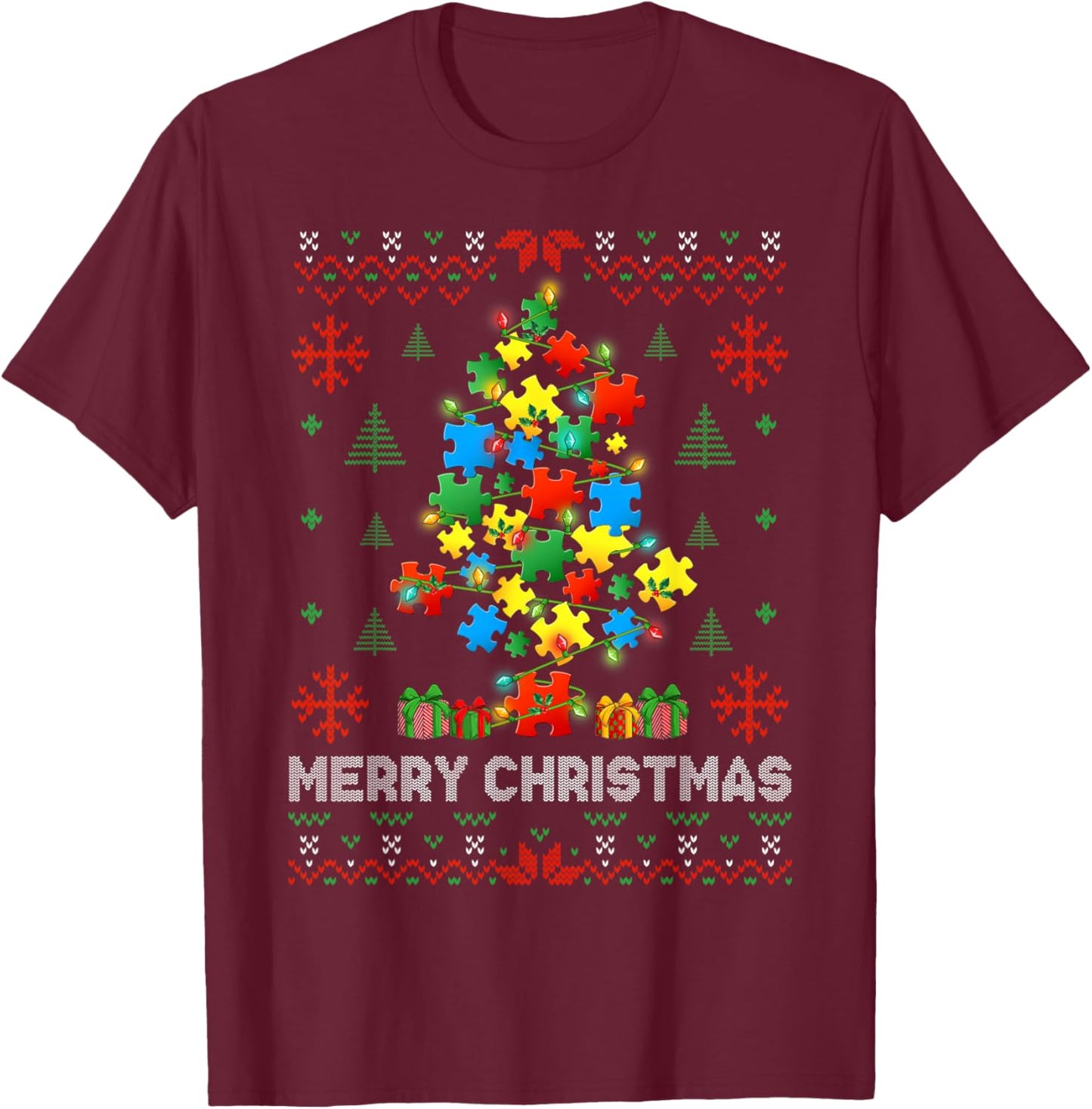 Funny Autism Puzzle Piece Xmas Tree Ugly Christmas Sweater T-Shirt - T-Shirt | Maroon