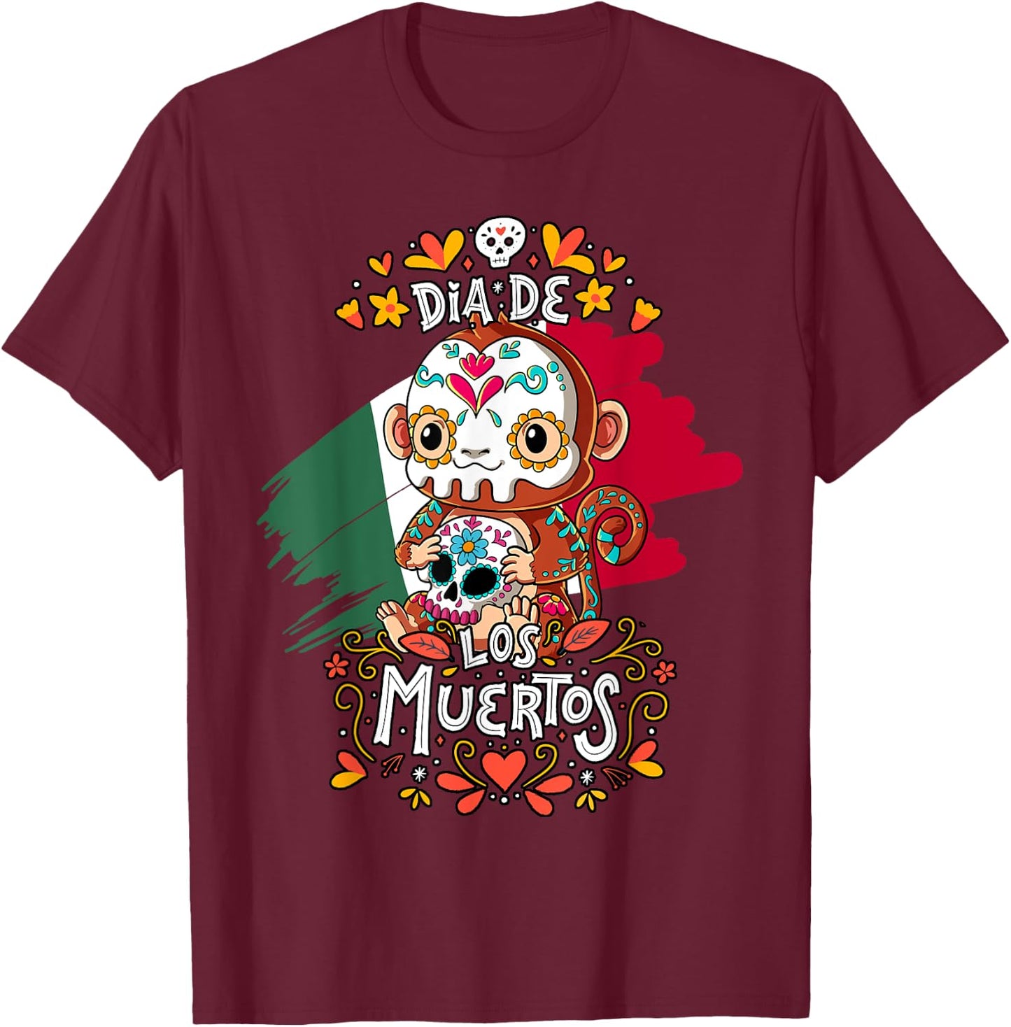 Dia De Los Muertos Monkey T-Shirt - T-Shirt | Maroon