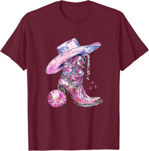 Pink Cowgirl Girl Western Country Music Disco Party Rodeo T-Shirt - T-Shirt | Maroon