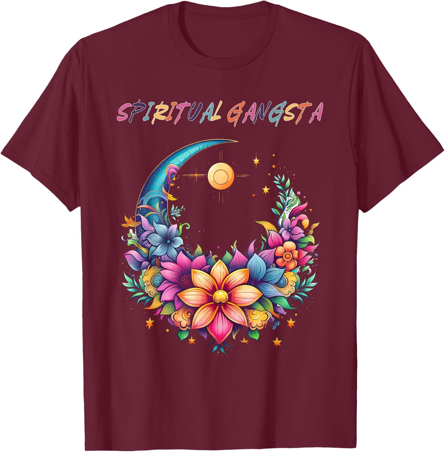 Spiritual Gangsta Floral Moon Yoga Meditation Mandala T-Shirt - T-Shirt | Maroon