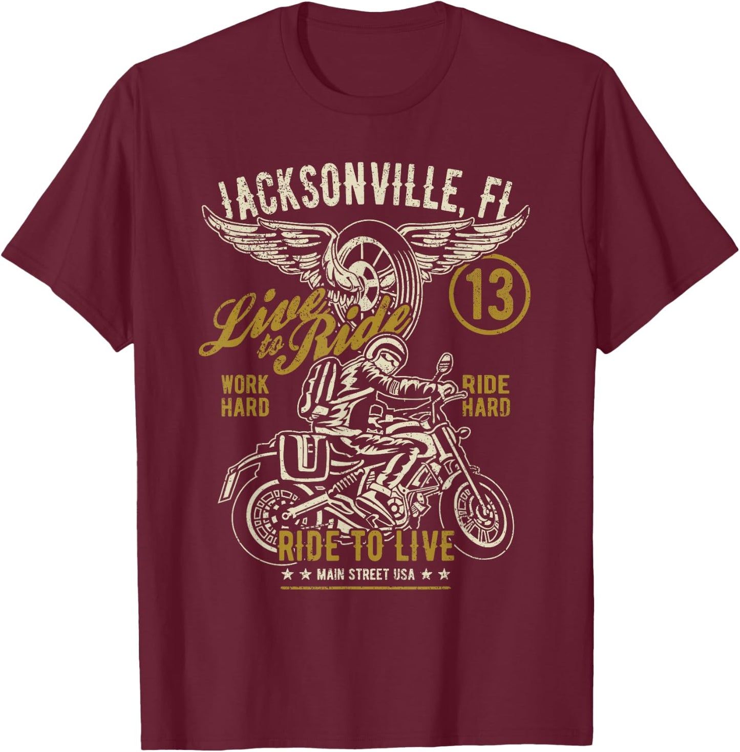 Jacksonville FL USA Distressed Style Motorcycle Design T-Shirt - T-Shirt | Maroon