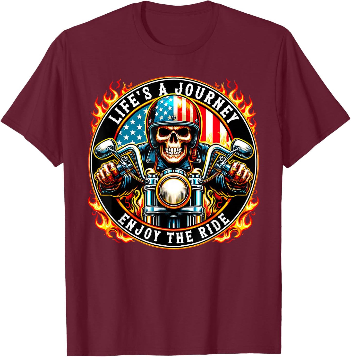 Life's a Journey Enjoy The Ride Skeleton Biker Motorcycle T-Shirt - T-Shirt | Maroon