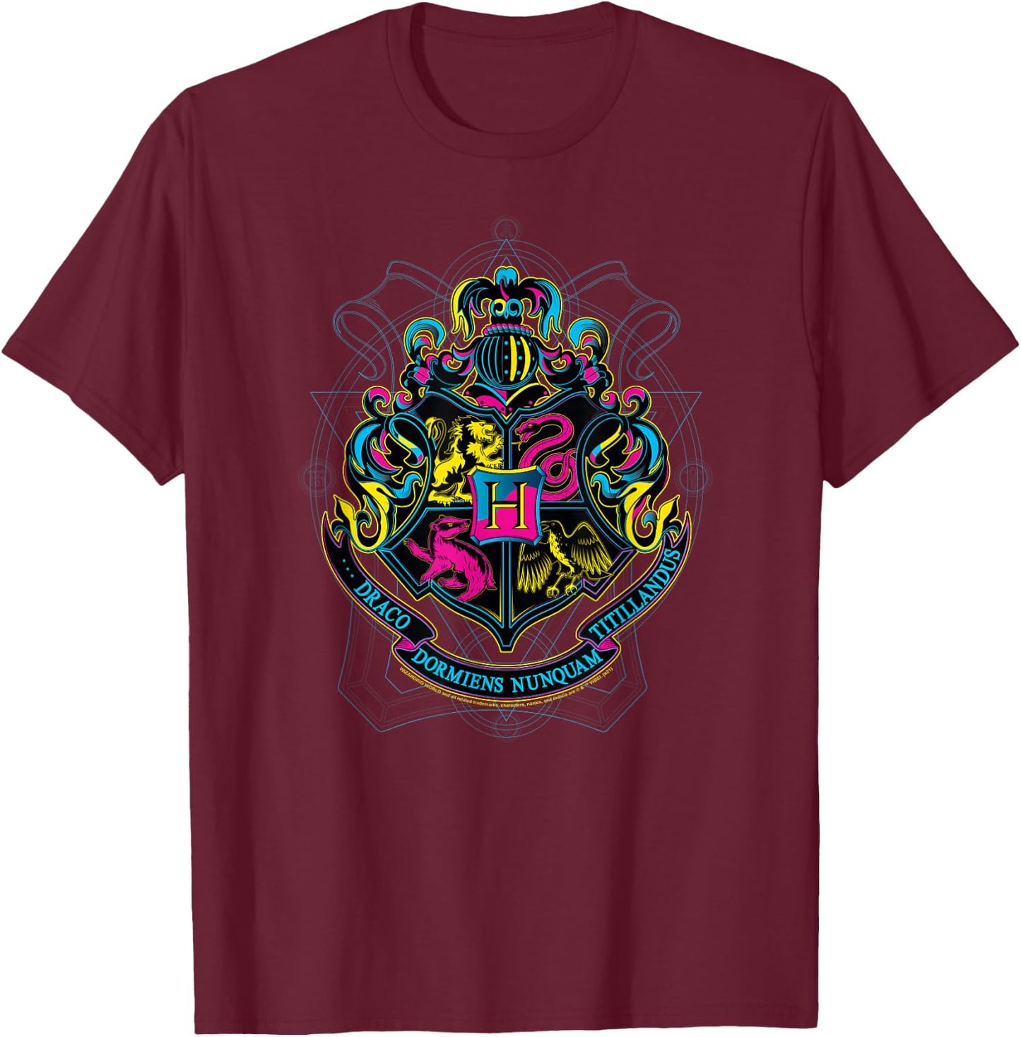 Harry Potter Neon Hogwarts Shield with Motto T-Shirt - T-Shirt | Maroon