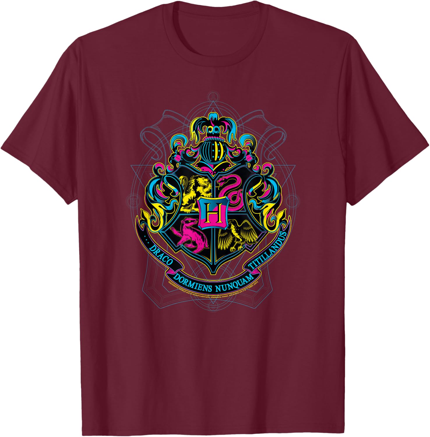 Harry Potter Neon Hogwarts Shield with Motto T-Shirt - T-Shirt | Maroon
