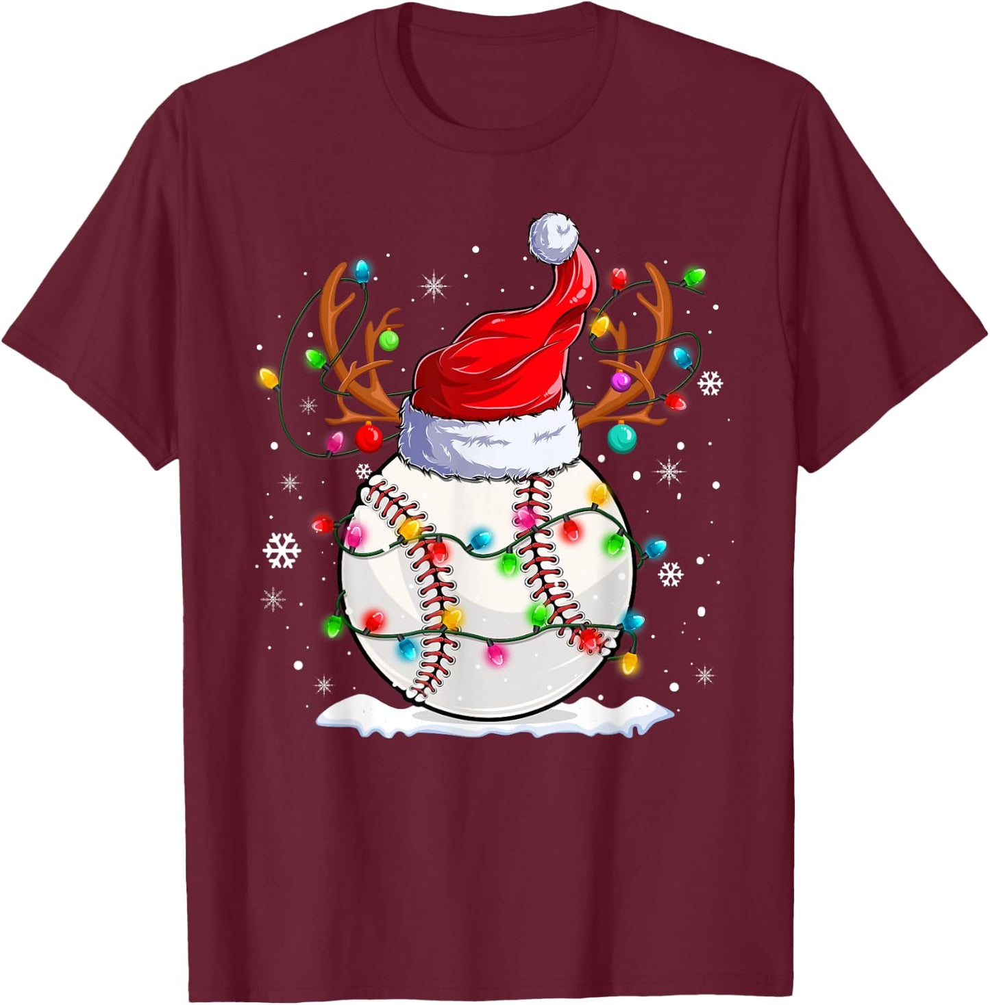 Baseball Santa Hat Reindeer Christmas Lights Funny Xmas T-Shirt - T-Shirt | Maroon