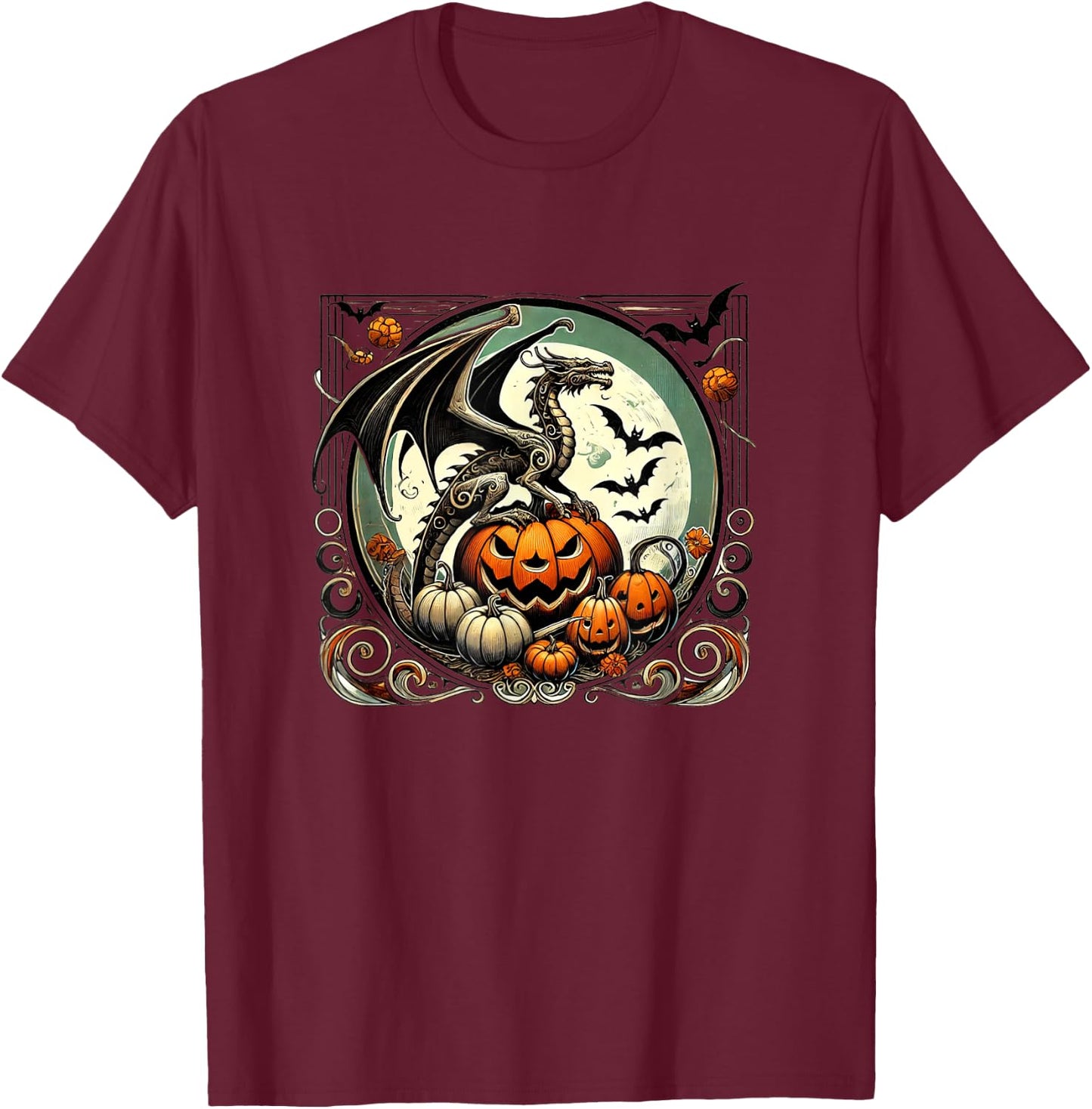 Halloween Dragon Illustration Autumn fall dragons T-Shirt - T-Shirt | Maroon