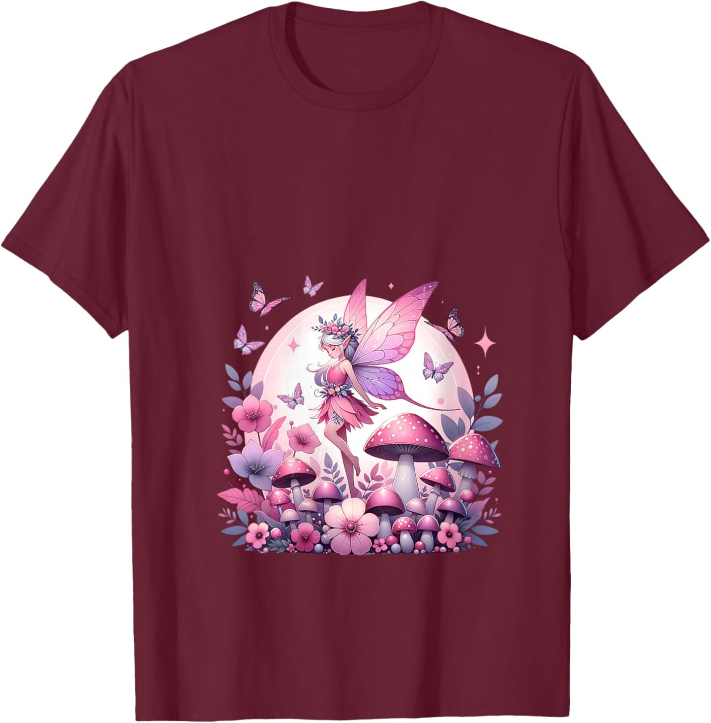Enchanted Forest Fantasy Fairy Mystical Butterfly & Floral V-Neck T-Shirt - T-Shirt | Maroon