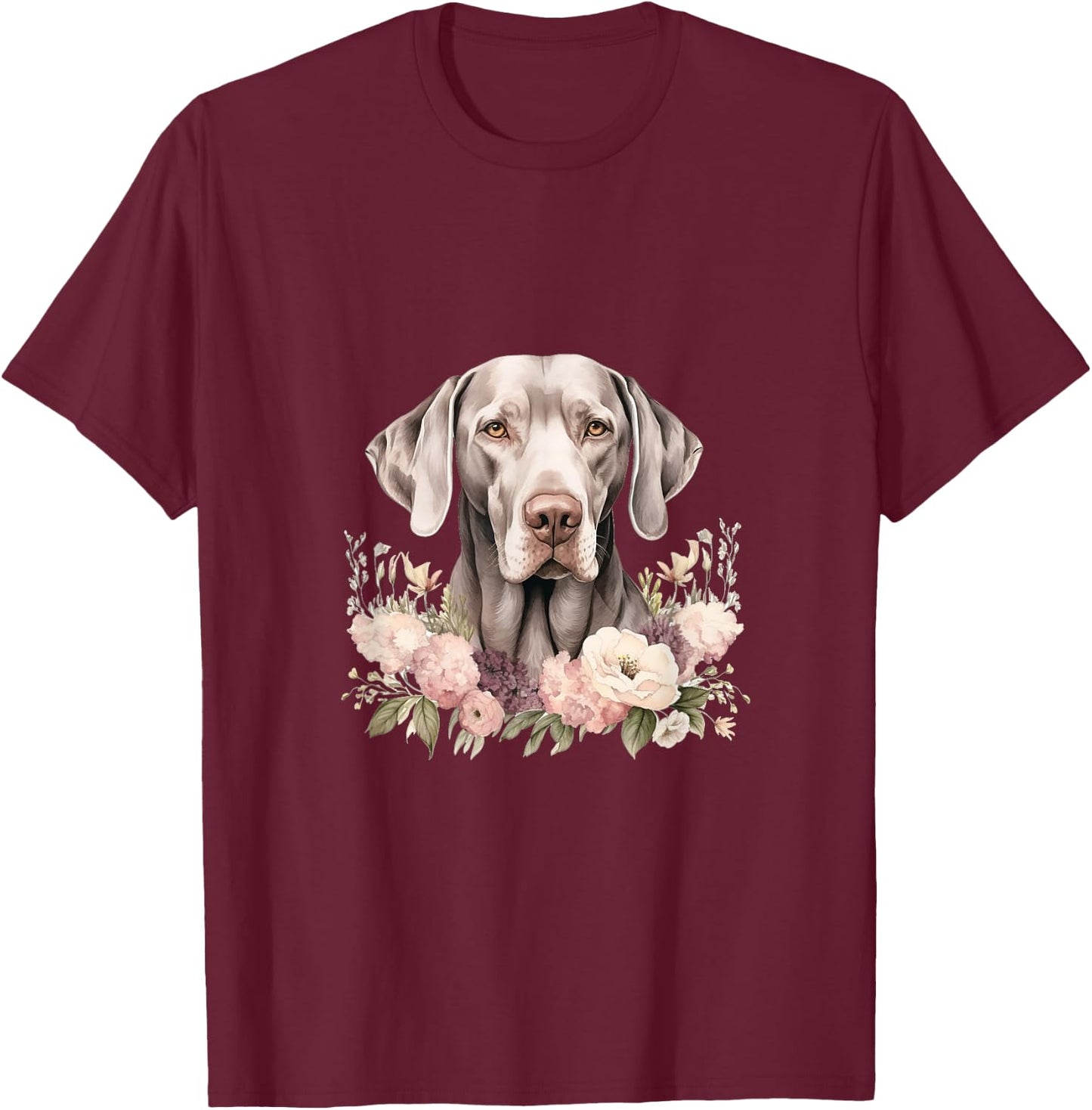 Weimaraner Dog With Flowers Vintage Pastel Floral Border T-Shirt - T-Shirt | Maroon