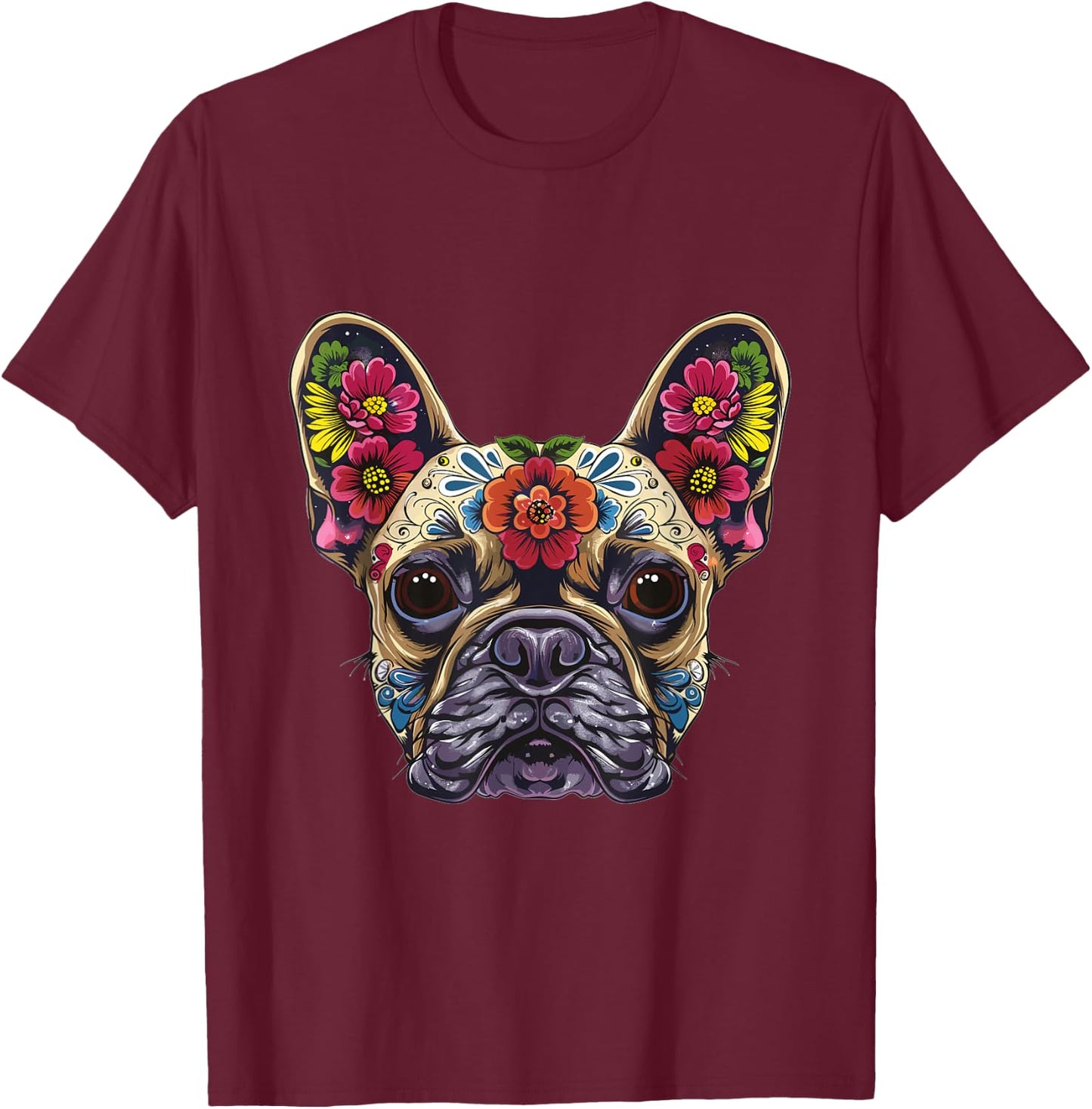 French Bulldog Sugar Skull Dia De Los Muertos Graphic Men Women Kids T-Shirt - T-Shirt | Maroon