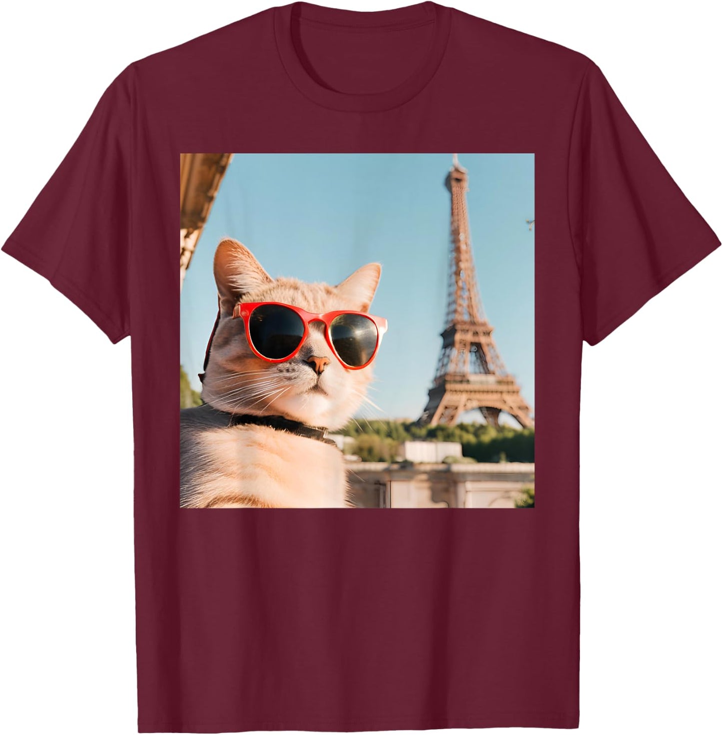 Funny Cat Wearing Sunglasses At The Eiffel Tower in France Women Kids T-Shirt - T-Shirt | Maroon