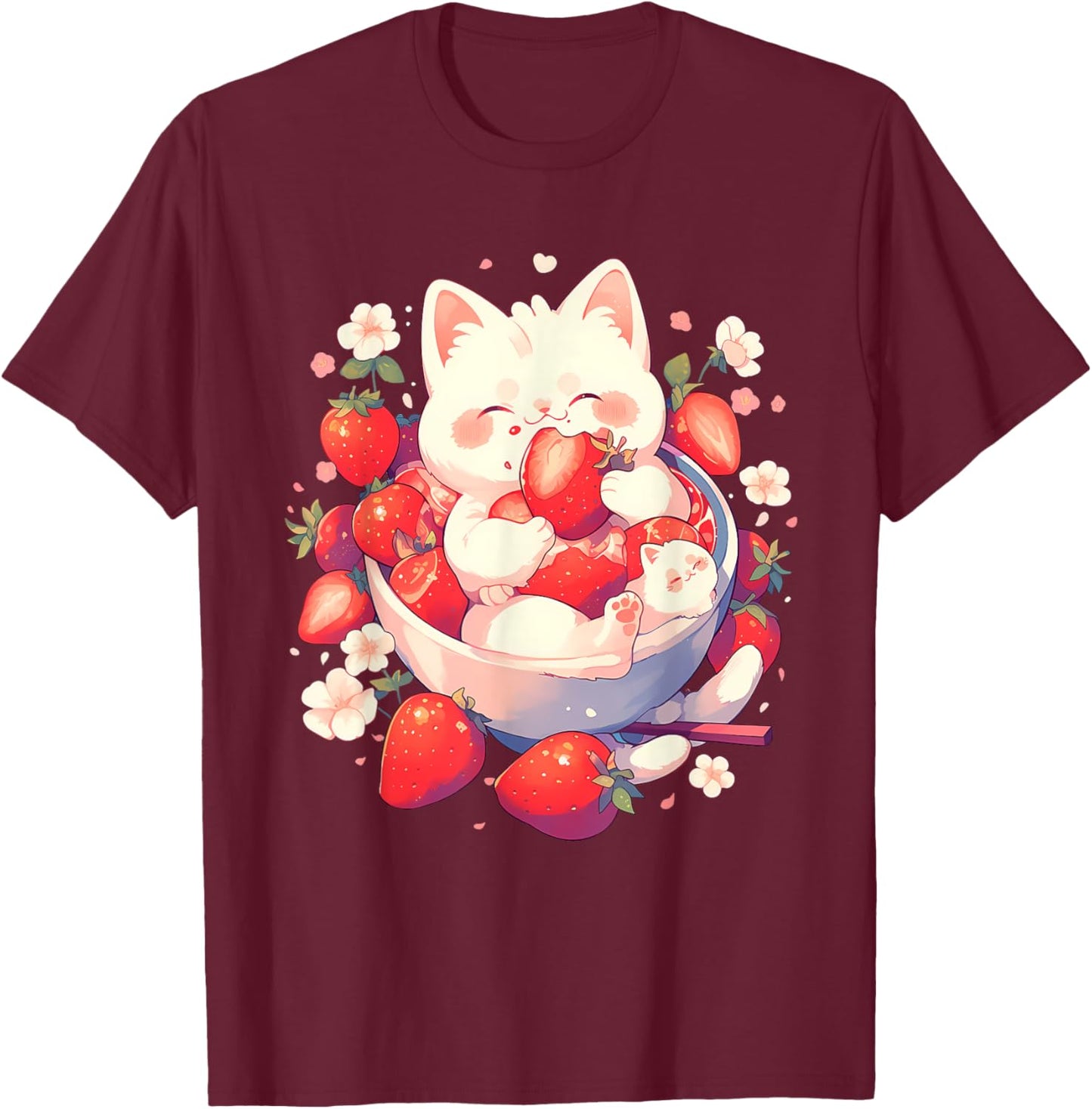 Strawberry Cat Animal Art Strawberries Floral Drawing T-Shirt - T-Shirt | Maroon