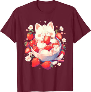 Strawberry Cat Animal Art Strawberries Floral Drawing T-Shirt - T-Shirt | Maroon