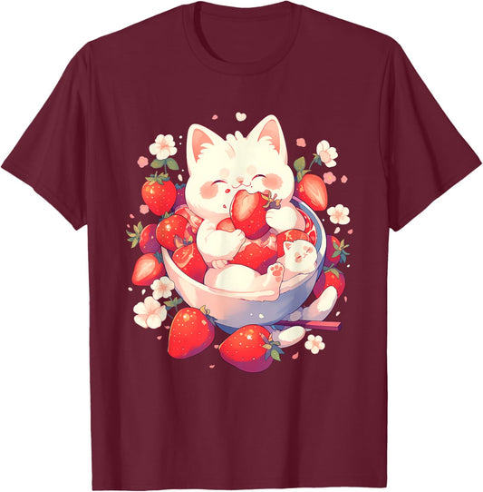 Strawberry Cat Animal Art Strawberries Floral Drawing T-Shirt - T-Shirt | Maroon