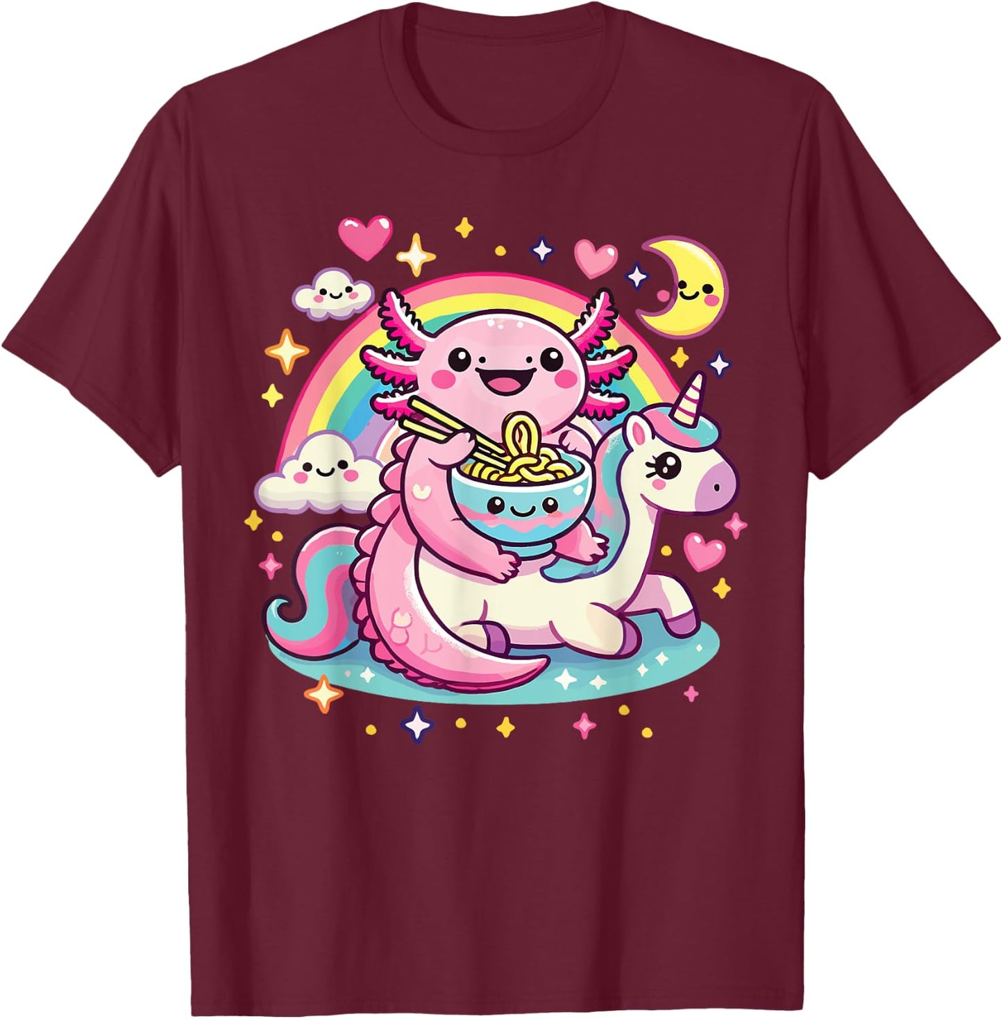 Anime Kawaii Axolotl Eating Ramen Noodles Rainbow Kids Girl T-Shirt - T-Shirt | Maroon