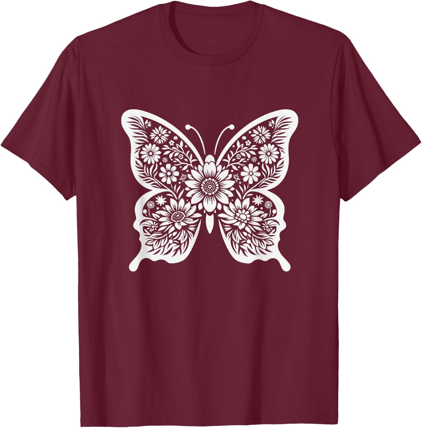 Floral Butterfly Graphic Art Design And Girls T-Shirt - T-Shirt | Maroon