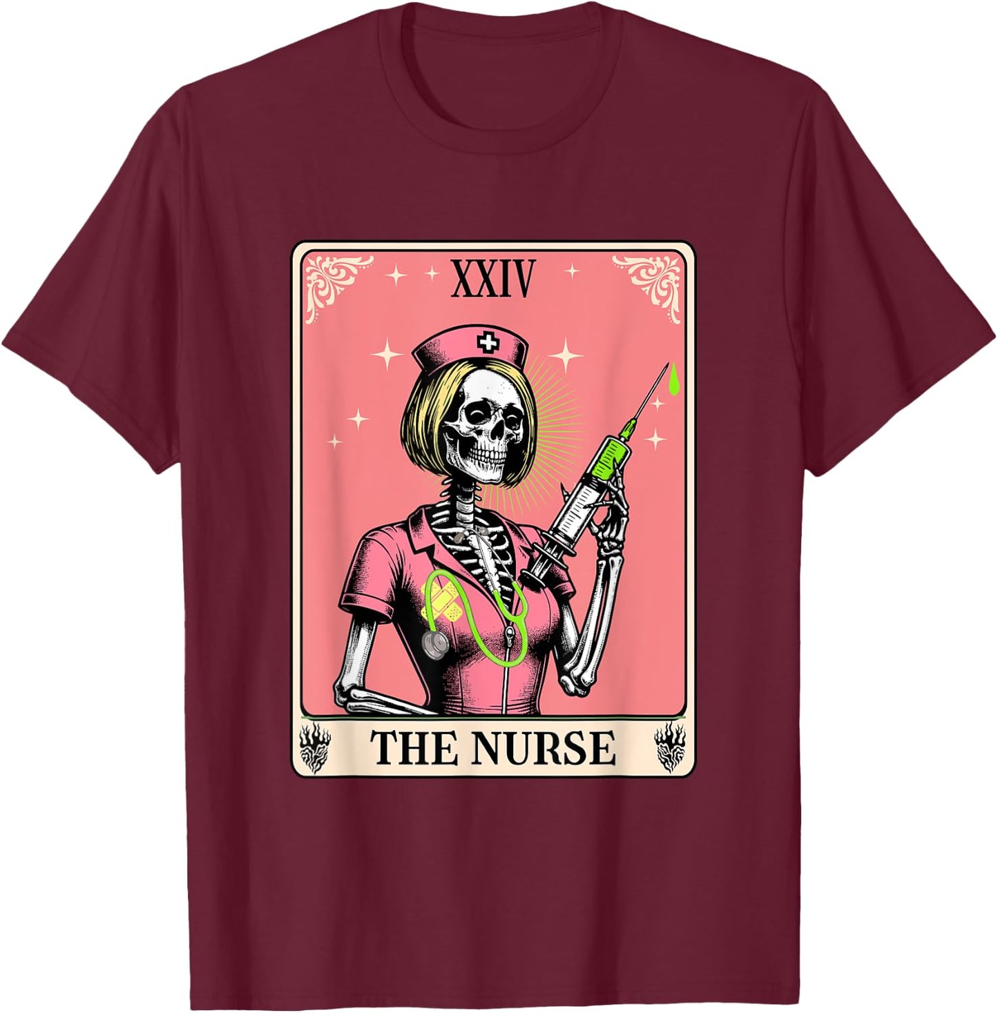 The Nurse Tarot Card Whimsy Goth Skeleton Girl Halloween T-Shirt - T-Shirt | Maroon