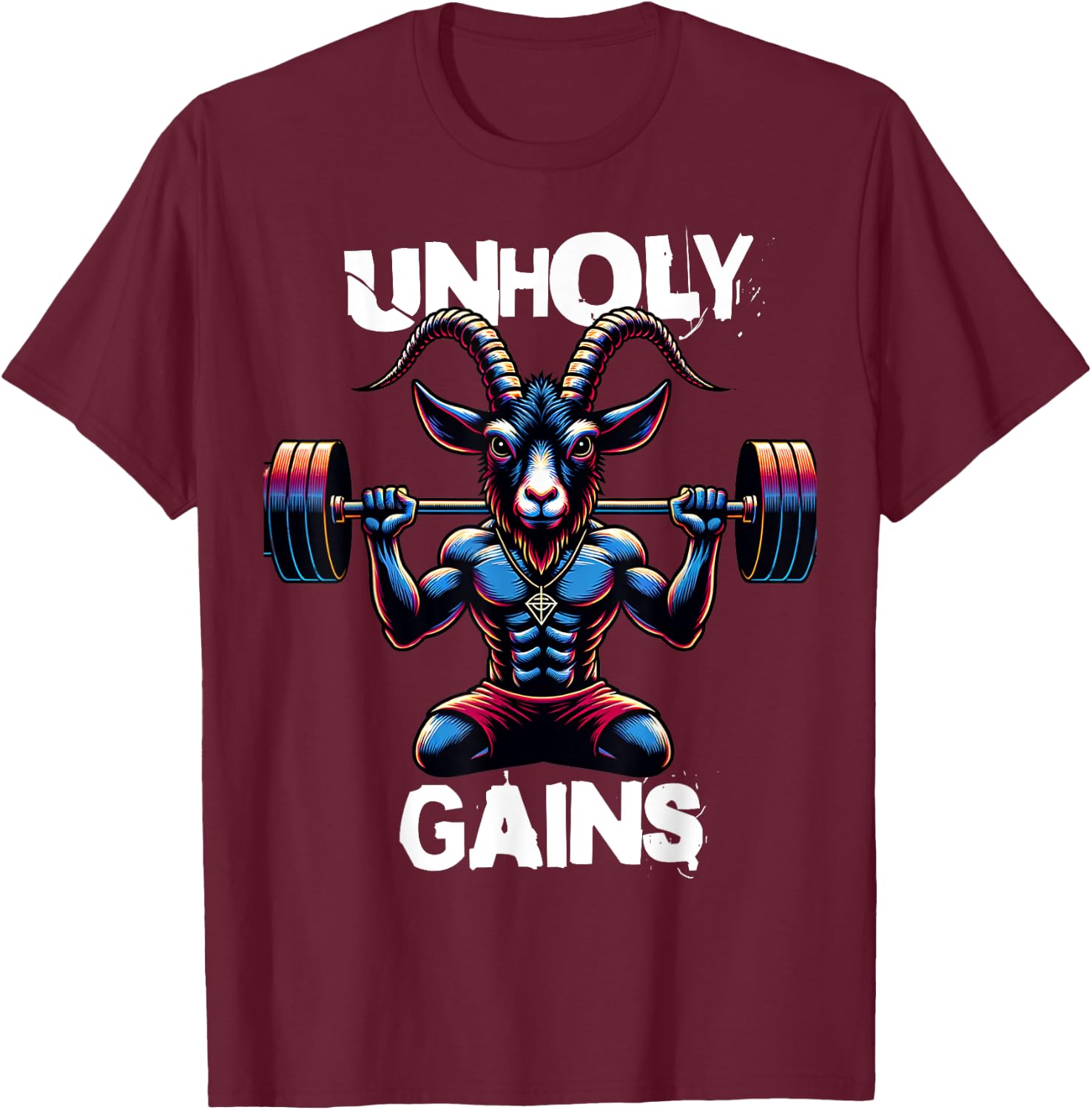 Unholy Gains Satanic Workout Devil Worship Goat Baphomet Gym T-Shirt - T-Shirt | Maroon