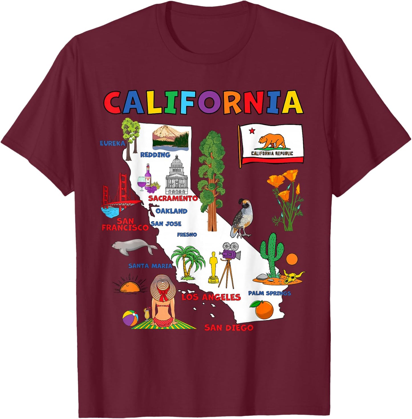 Map of California with Flag, Landmarks and Major Cities T-Shirt - T-Shirt | Maroon