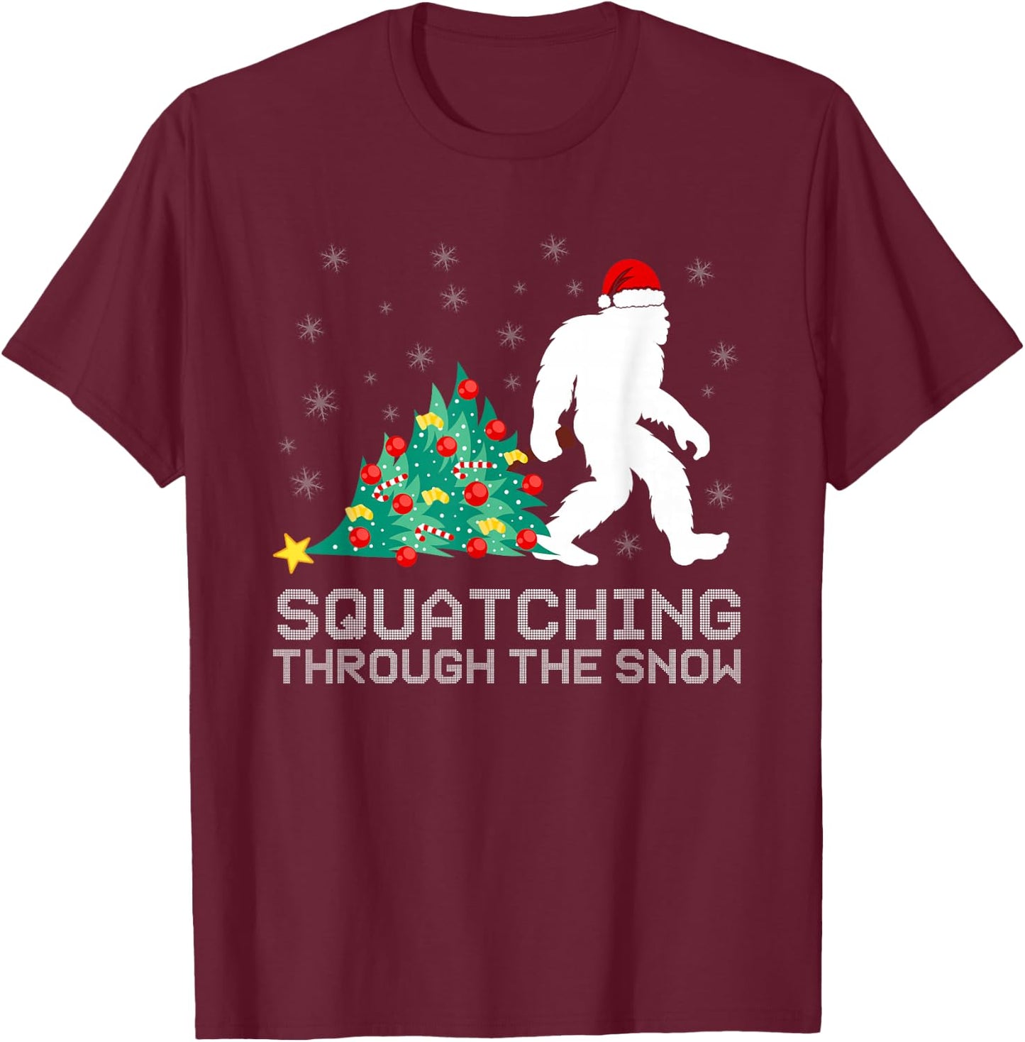 Squatching Through The Snow - Bigfoot Christmas Sasquatch T-Shirt - T-Shirt | Maroon