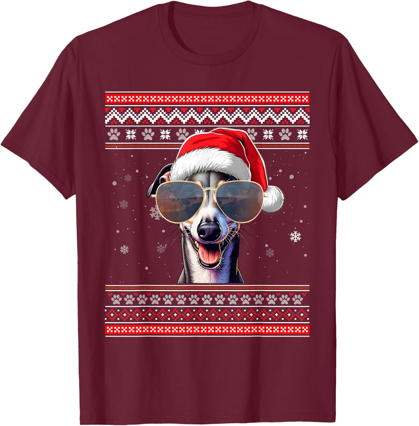 Ugly Sweater X-mas Santa Italian Greyhound Dog Christmas T-Shirt - T-Shirt | Maroon