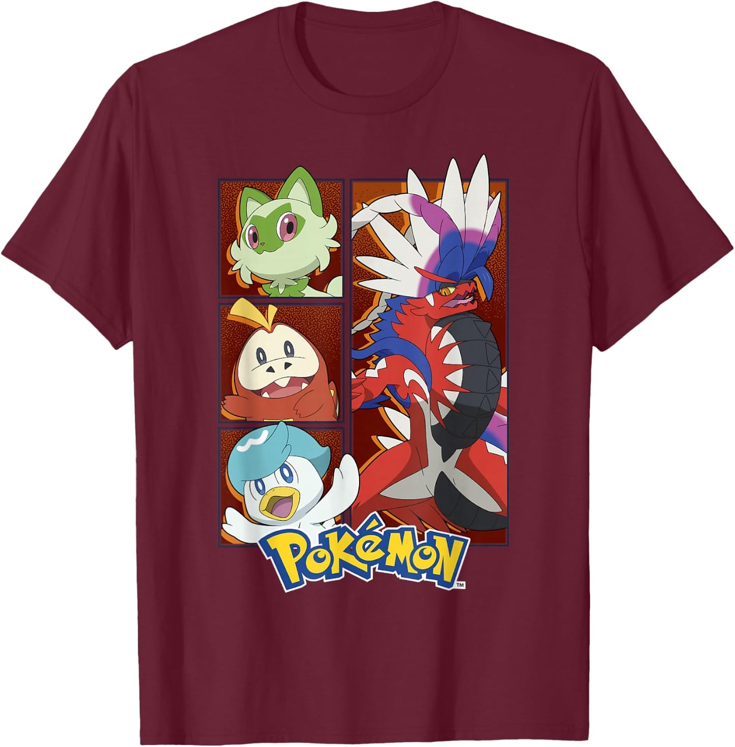 Pokémon Koraidon & Paldea Starters Boxed Up Portraits T-Shirt - T-Shirt | Maroon