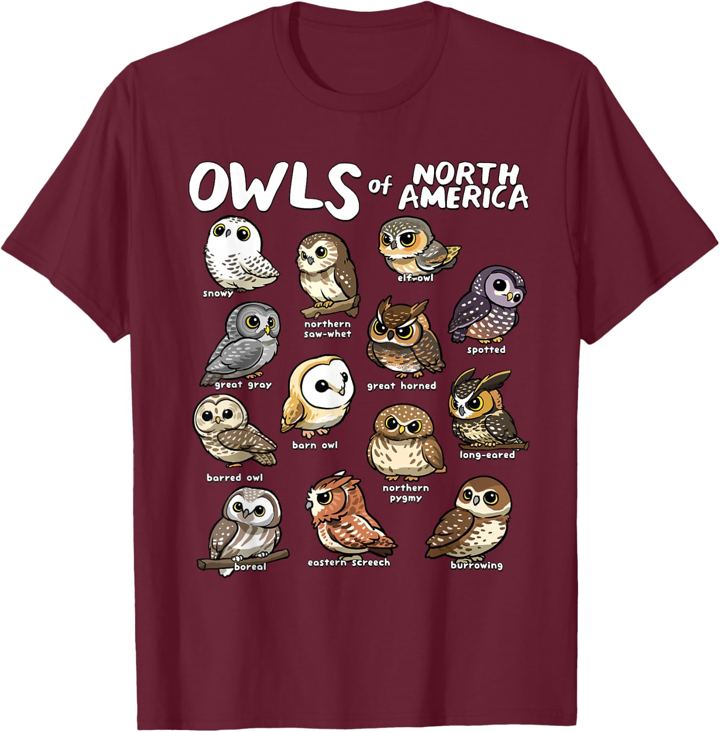 Owls of North America Shirt Birdwatcher Bird Lover Owl Lover T-Shirt - T-Shirt | Maroon