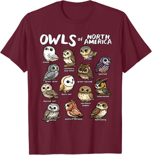 Owls of North America Shirt Birdwatcher Bird Lover Owl Lover T-Shirt - T-Shirt | Maroon