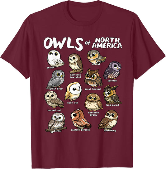 Owls of North America Shirt Birdwatcher Bird Lover Owl Lover T-Shirt - T-Shirt | Maroon